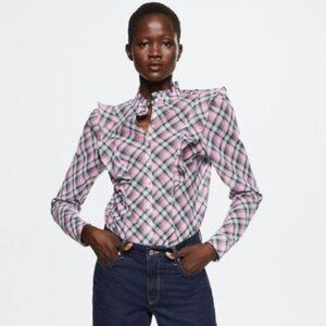 Mango Committed  - Checked Frill Blouse Rosa - NWT